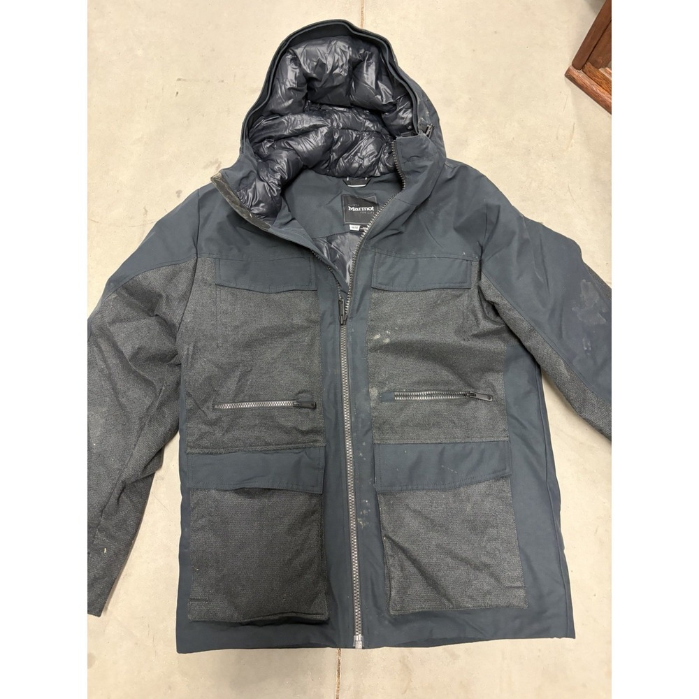 Marmot Mens Winter Jacket Black Charcoal Gray Hooded Insulated Size Medium